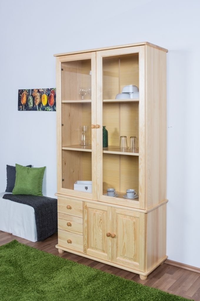 Regalschrank, Vitrine, 102 cm breit, Kiefer Holz-Massiv, Optik: Natur