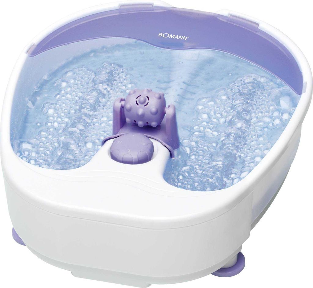 A white and purple foot bath with water and bubbles.