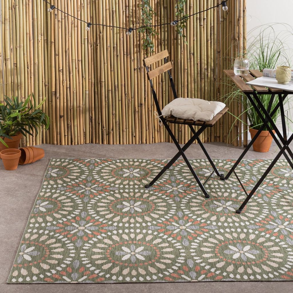 Volero - Outdoor Teppich - Ranch Mandala Grün - 120x170 cm - Wohnzimmer, Esszimmer, Balkon, Garten, Terrasse - Boho, Retro