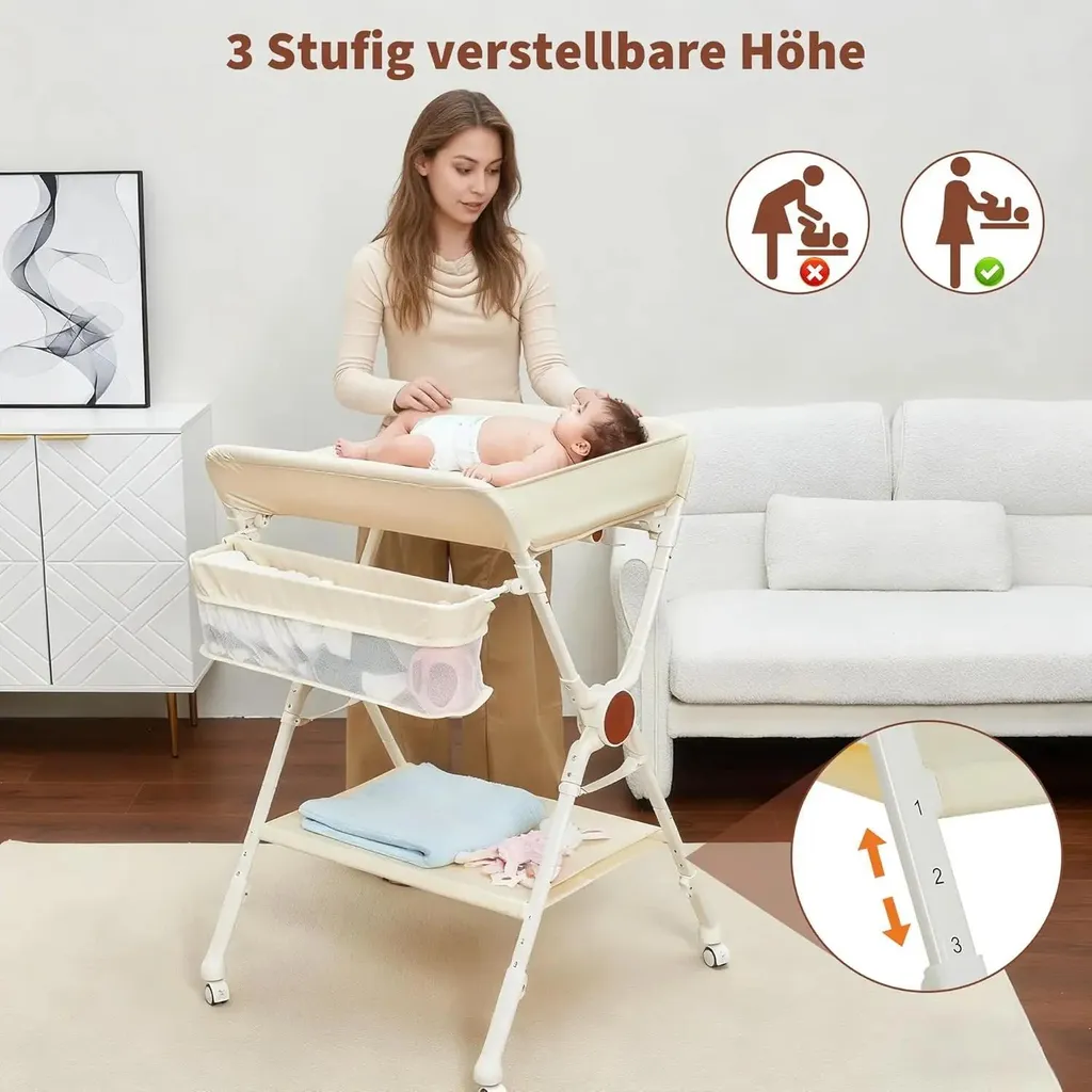 Table à langer pliable beige avec rangement et tringle à vêtements