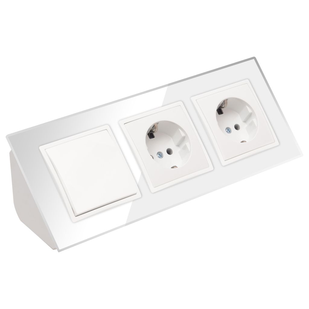 Glas Ecksteckdose 3-fach Steckdose + Lichtschalter Steckdosenblock 45° Verteilerdose weiß.