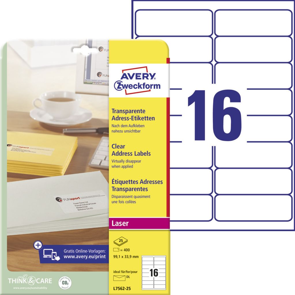 Avery Zweckform L7562-25 Adress-Etiketten, A4, 99,1 x 33,9 mm, 25 Bogen/400 Etiketten, transparent