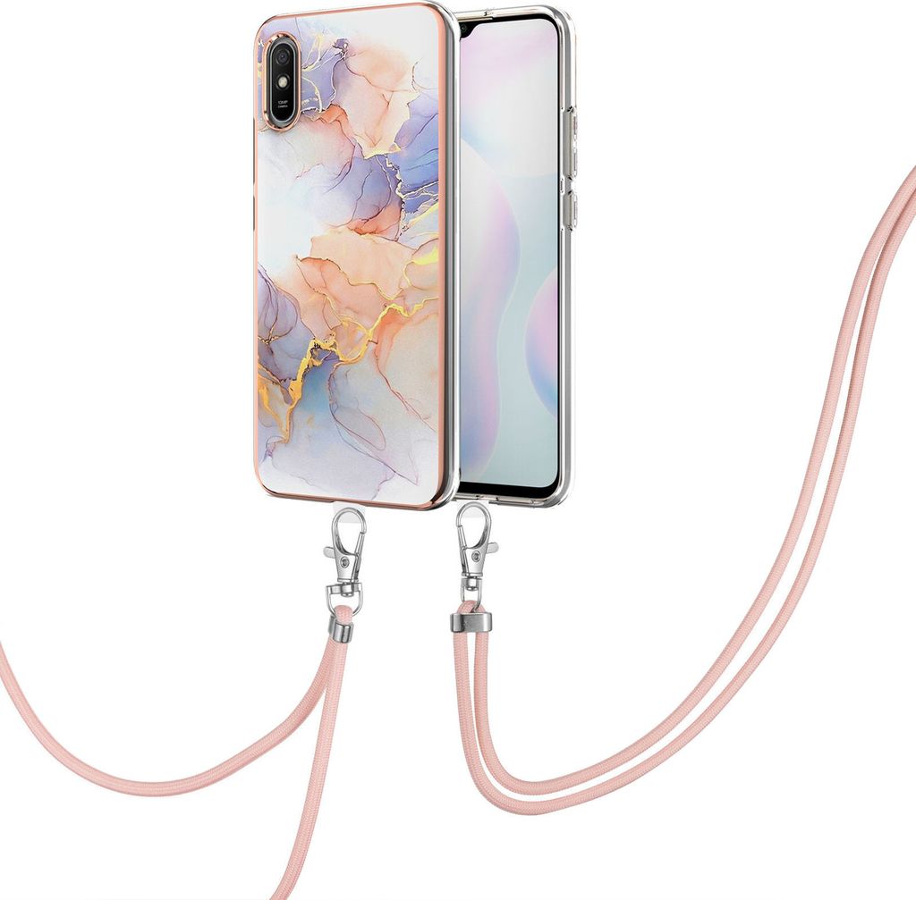 Handykette Hülle für Xiaomi Redmi 9A Muster TPU Schutzhülle mit verstellbarem Tragegurt Grau