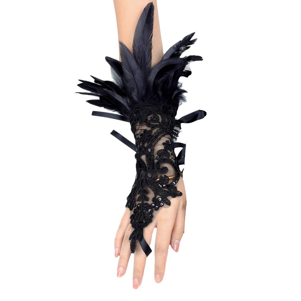 1Pc y Spitze Faux Feder Lange Handschuh Gothic Mesh Sleeve Halloween Party Stickerei Fäustling Weibliche Bühne Zubehör