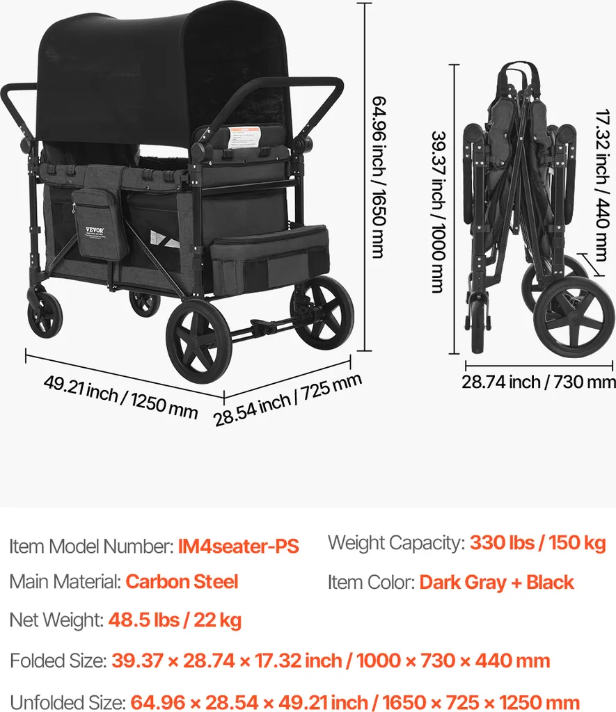 Poussette 4 places VEVOR - Chariot de transport push-pull gris et noir - 7