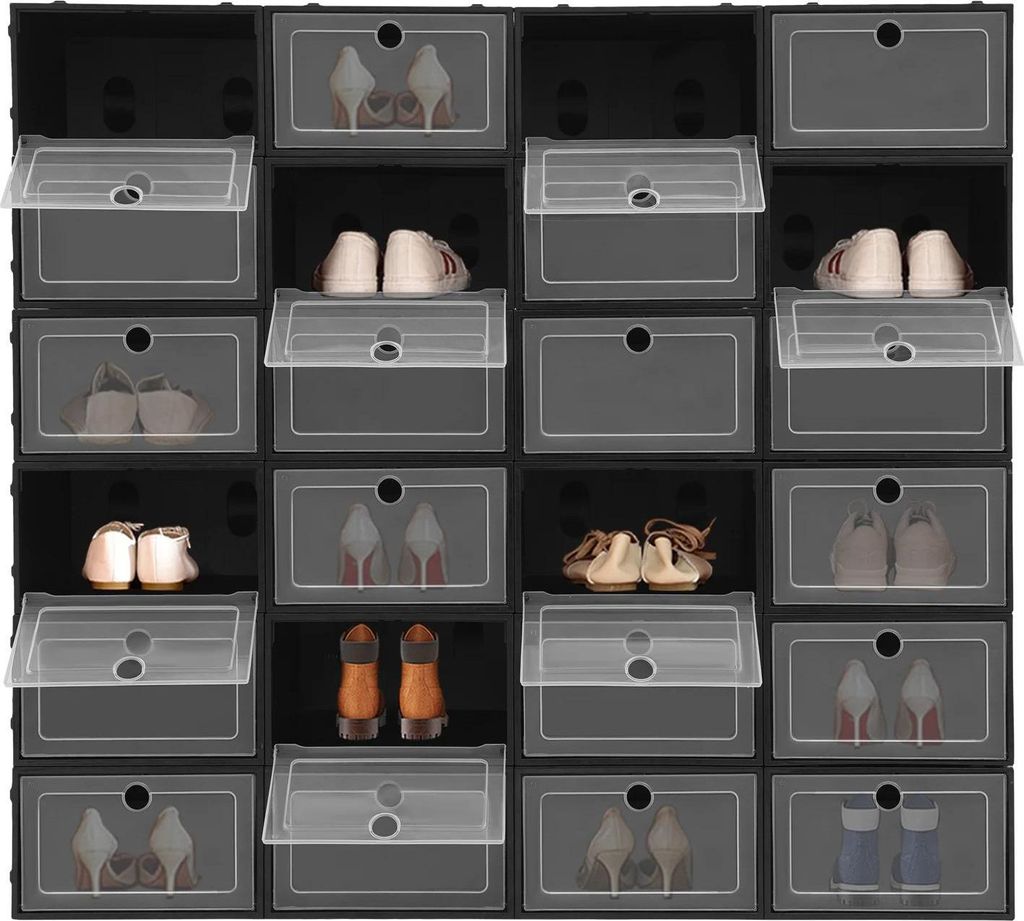 Schuhboxen - Stapelbare Aufbewahrungsboxen - 24er Pack - Mit Sichtfenster - Mit Deckel - Faltbar - Kunststoff - Für Sneaker und High Heels