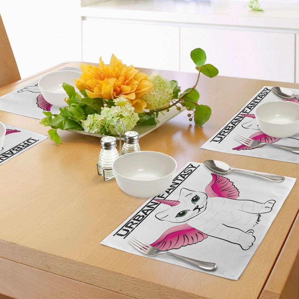 ABAKUHAUS Einhorn Katze Platzmatten, Städtische Fantasie-Thema-Katzen-Zahl mit rosa Flügeln und Horn-Weinlese-Fiktions-Kunst, Untersetzer aus Was...