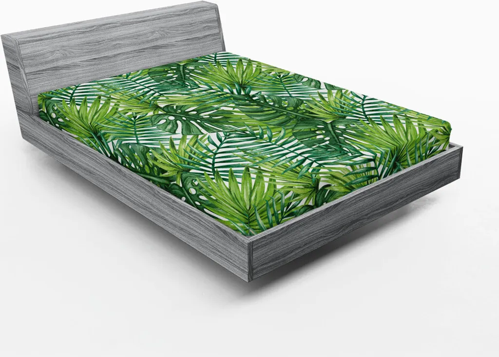 ABAKUHAUS Lenzuolo con angoli, disegno acquerellato con banani esotici tropicali e palme, 180 x 200 cm, verde chiaro e verde scuro