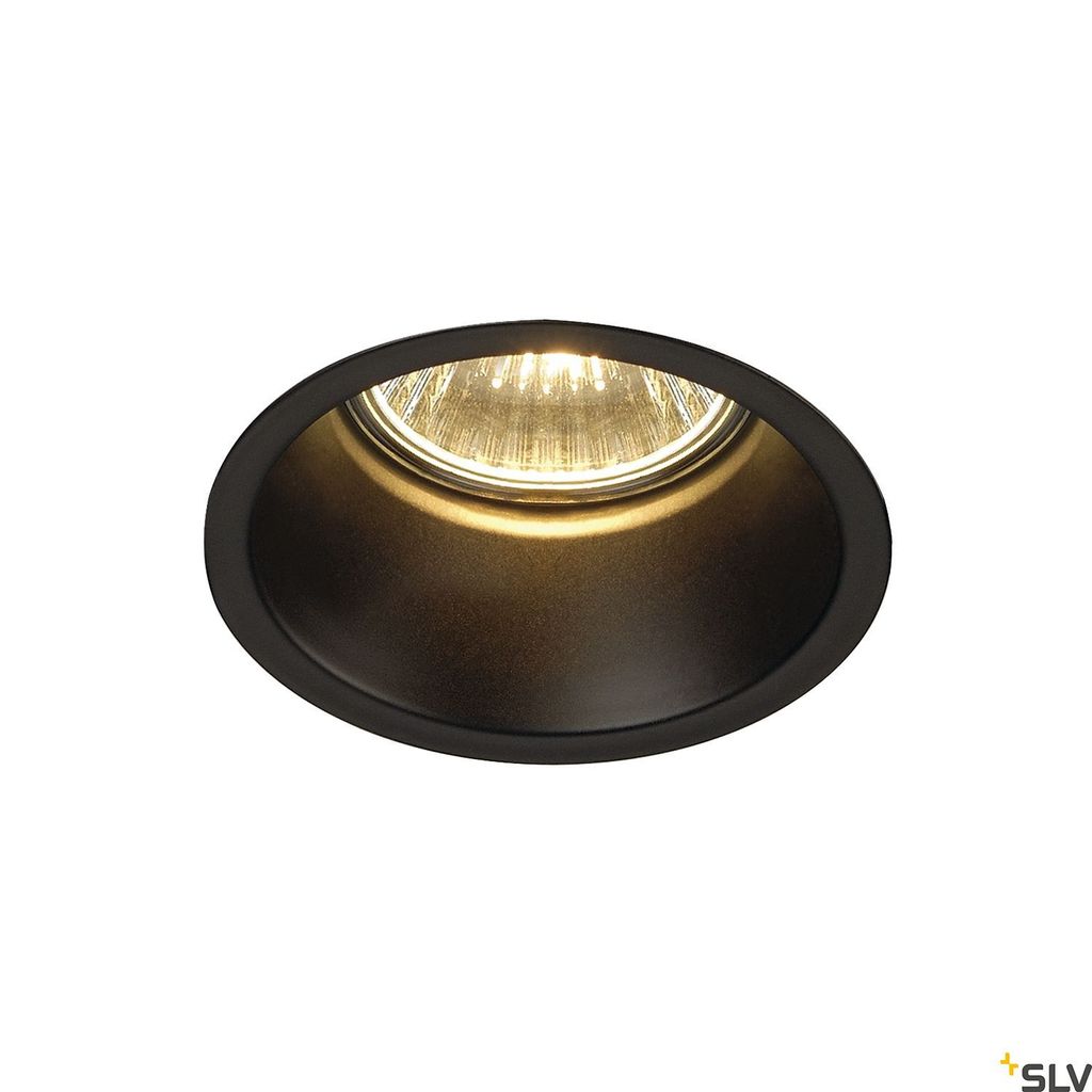 A black recessed spotlight with a yellow light source inside, set against a white background.