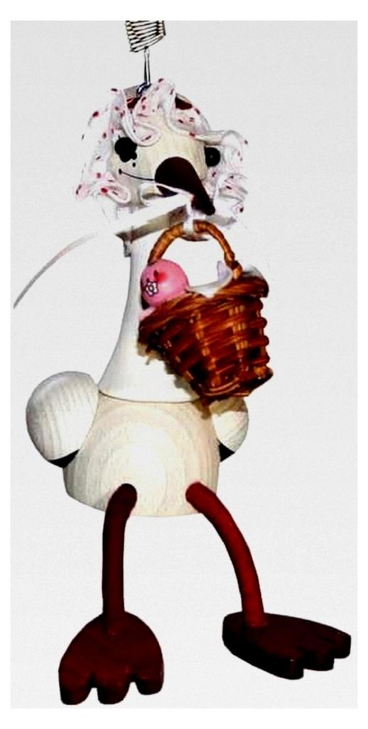 Schwingfigur Storch mit Korb und Baby, ca. 16 cm, aus Holz