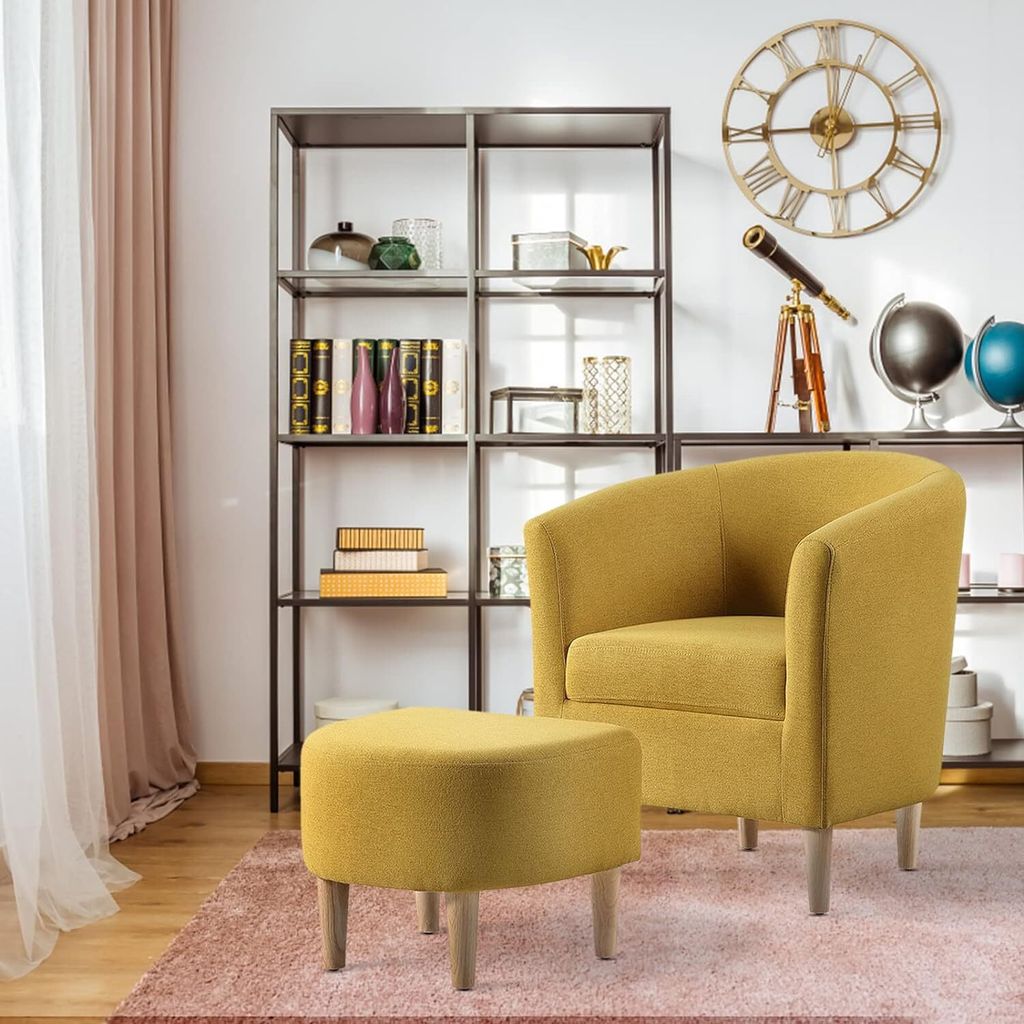 Ohrensessel mit Hocker Sessel für Wohnzimmer & Esszimmer Relax Sessel aus Webstoff - FARBE: Gelb