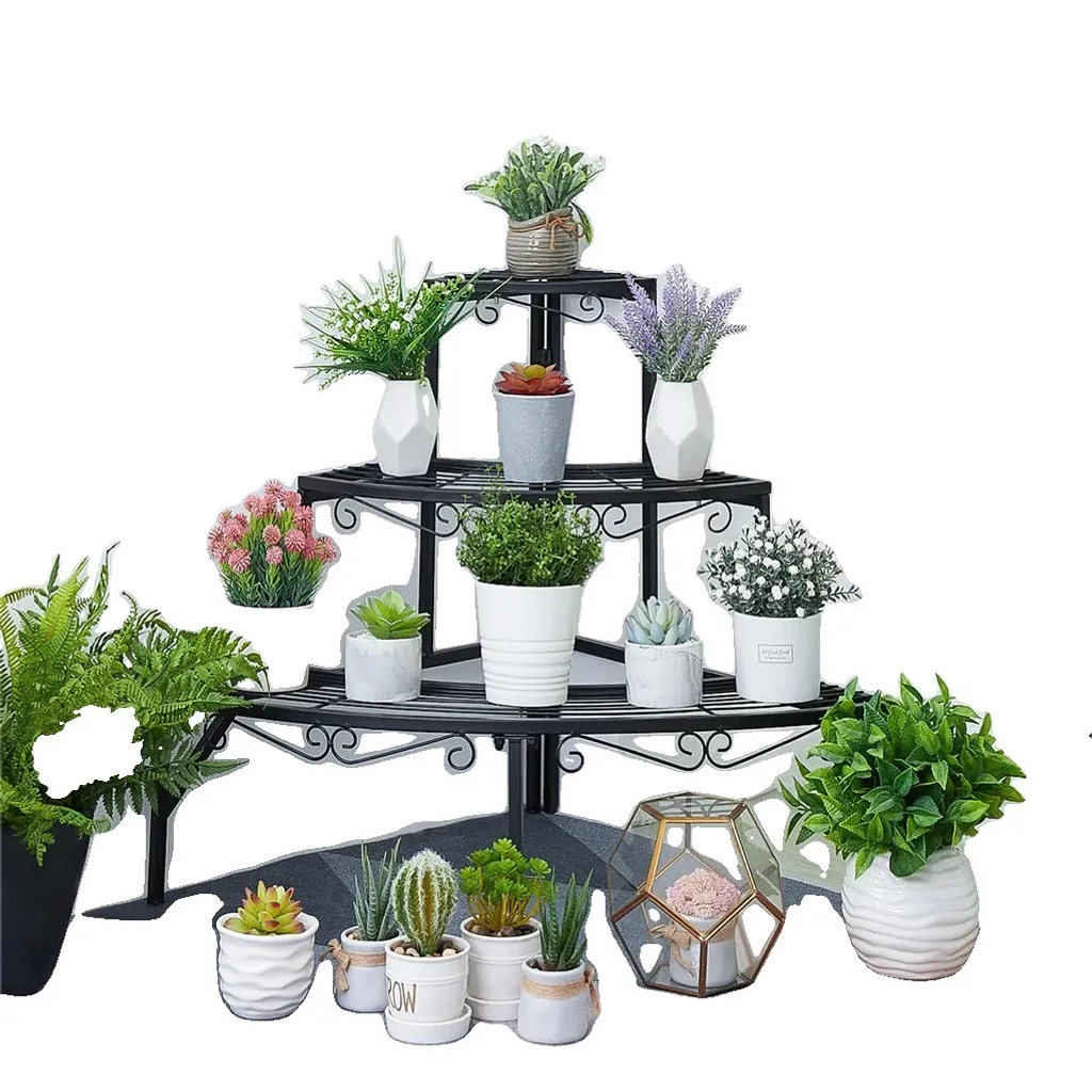 Support fleurs d'angle pour balcon et salon - Étagère métal 3 niveaux