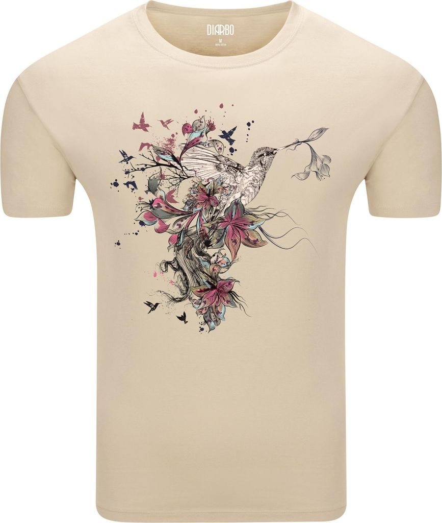 Diarbo Herren T-Shirt mit Abstraktem Druck Kolibri mit Lilie Beige Gr.XXL