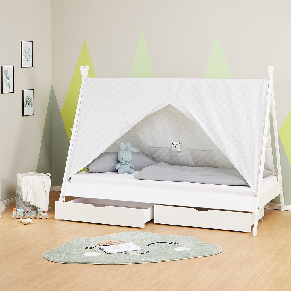 Kinderbett TIPI 90x200cm Bettkasten Weiß Holzbett Indianer Bett Zelt Homestyle4u 
