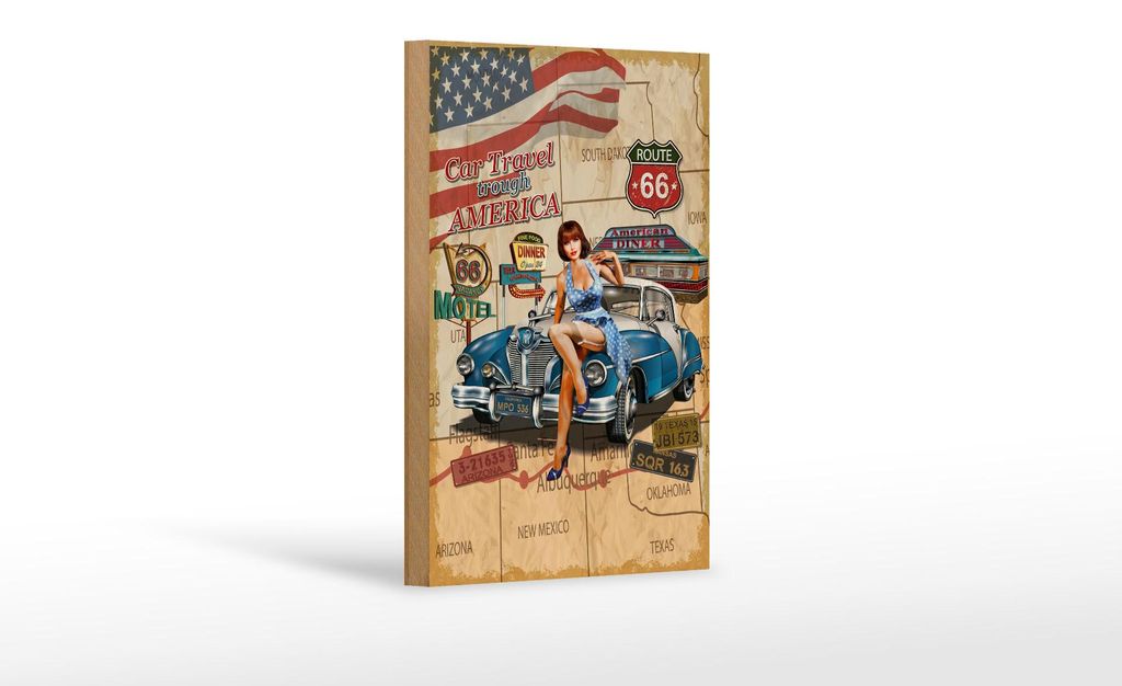 Holzschild Retro 12x18cm Pinup Car Travel trough America