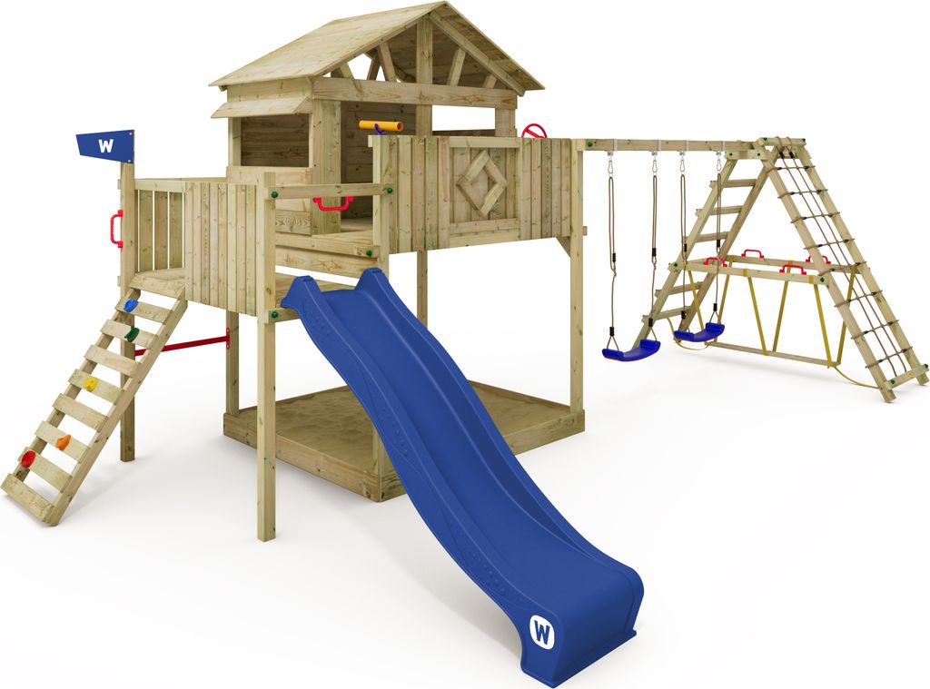 WICKEY Spielturm Smart Fjord mit Surfanbau, Doppelschaukel und Rutsche - blau