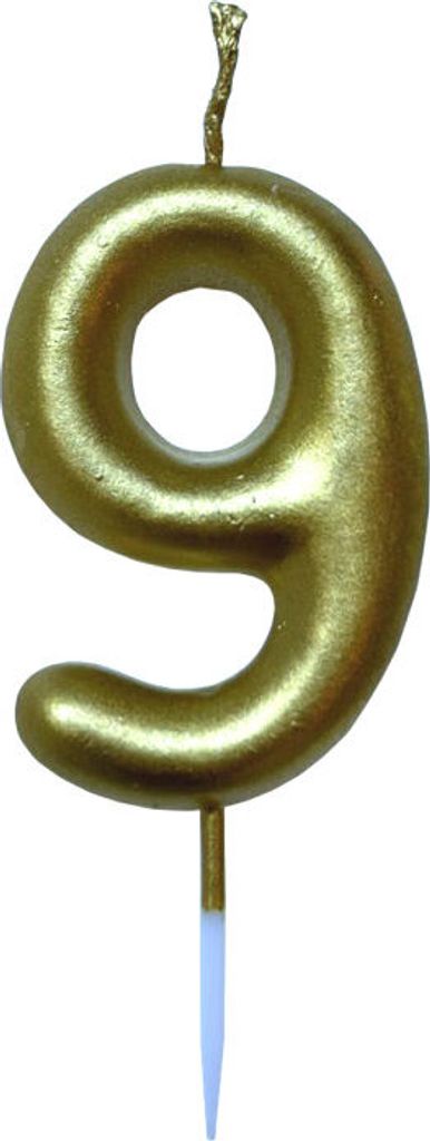 Tortenkerze, Zahlenkerze "9" Gold mit Halter für Geburtstagstorte, Jubiläum, Hochzeit
