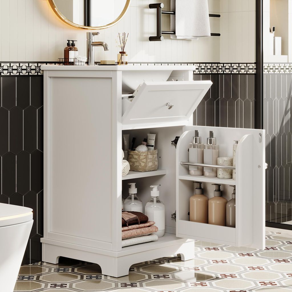 MODFU Waschtisch mit Auszugsschublade und verstellbaren Regalböden,integriertem Waschbecken,Hohen Schrankfüßen,Weiß