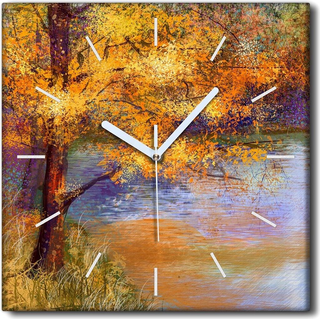 Coloray Uhr auf Leinwand 30x30 cm Wand Uhr Dekoration Wohnzimmer Segeltuch weiße Zeiger -Landschaft von Herbstbäumen