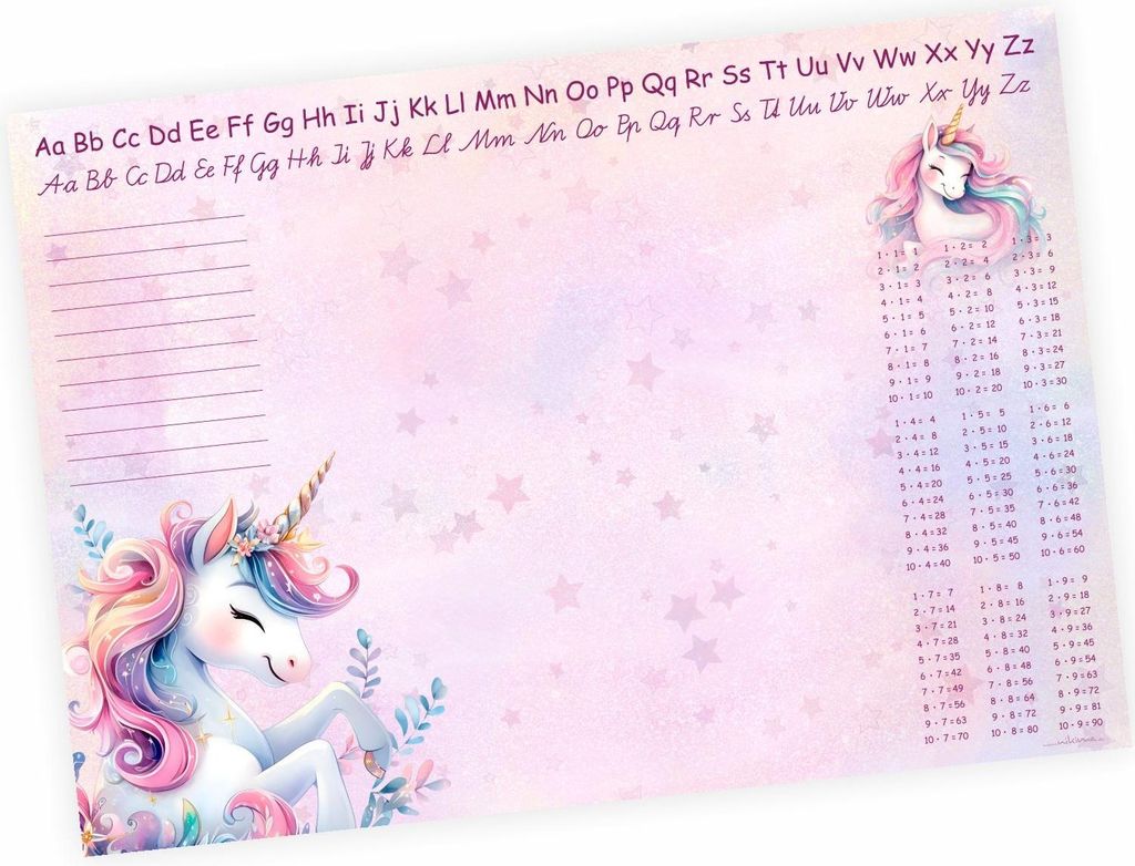 A3 Schreibtischunterlage Papier Einhorn rosa mit kleinem 1x1 Papier 50 Blatt