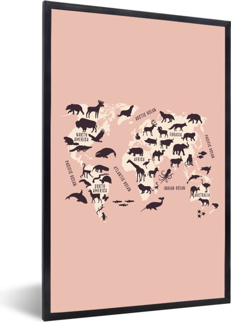 MuchoWow Gerahmtes Poster Weltkarte - Tiere - Scherenschnitt 20x30 cm - Poster mit Schwarzem Bilderrahmen Wandposter Rahmen Foto Bilder - Drucken...