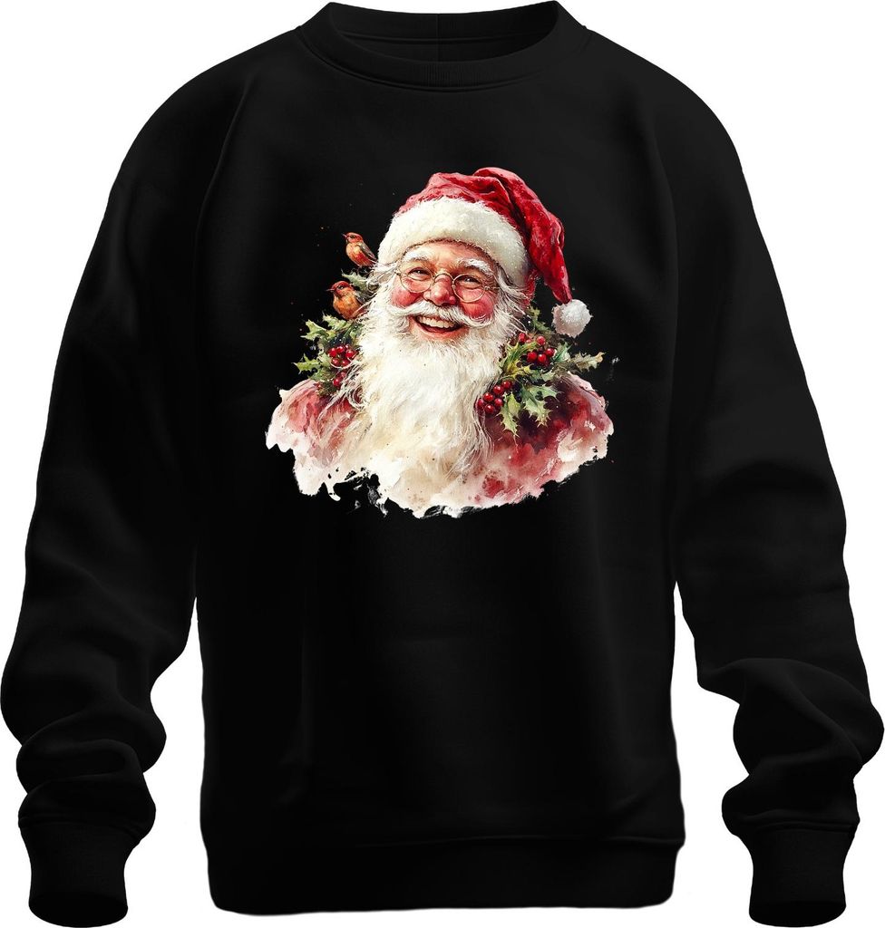 Weihnachtsmann Aquarell Vintage Stechpalme Rotkehlchen Geschenk Uni Sweatshirt Pullover, Schwarz, XXL