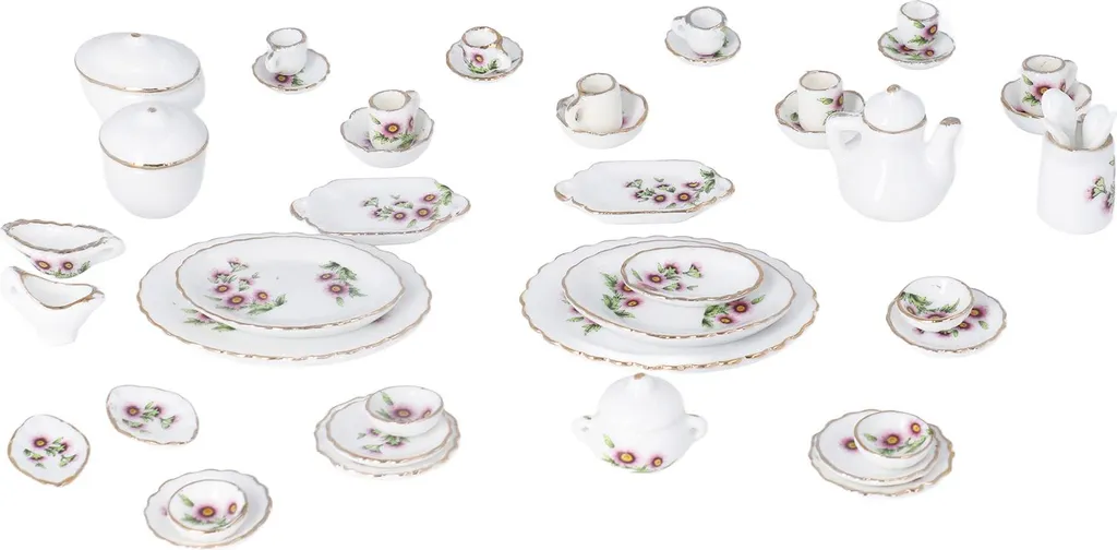 Service à thé miniature en céramique pour maison de poupée 1:12, 46 pcs