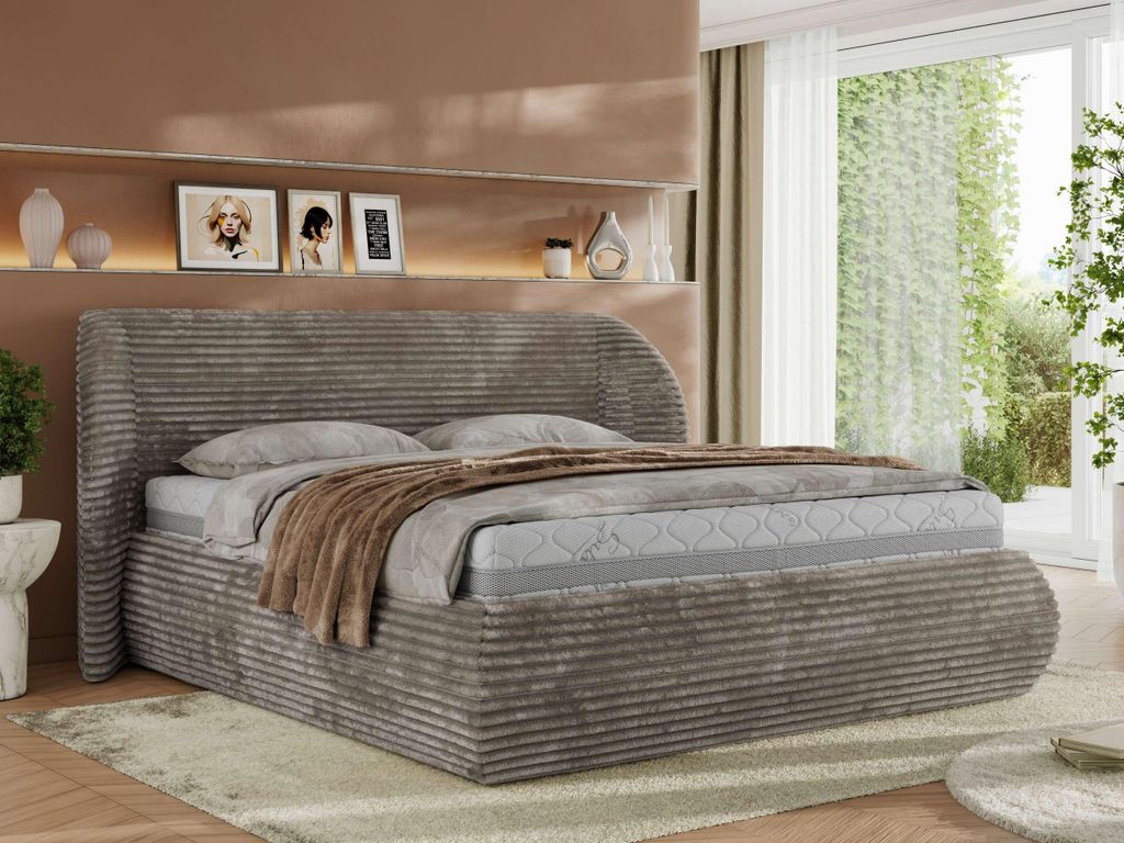 MKS MEBLE Polsterbett mit Bettkasten CAELA CLASSIC Bett mit Stauraum und Gasdruckfeder Doppelbett 200x200 Hellbraun Cord