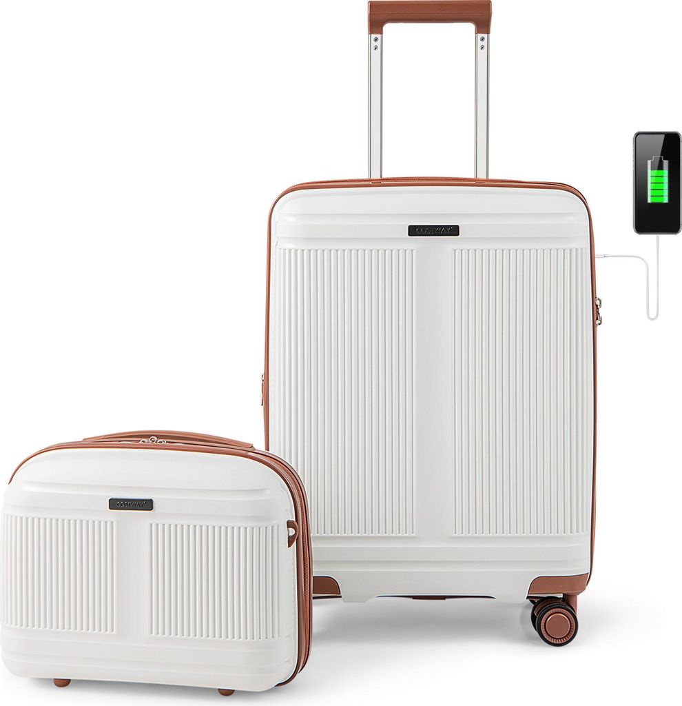 COSTWAY 2tlg. Koffer-Set, 20" Handgepäck Koffer 35L + 14" Kosmetikkoffer, Reisekoffer erweiterbar mit TSA-Schloss, USB-Anschluss & Rollen Weiß
