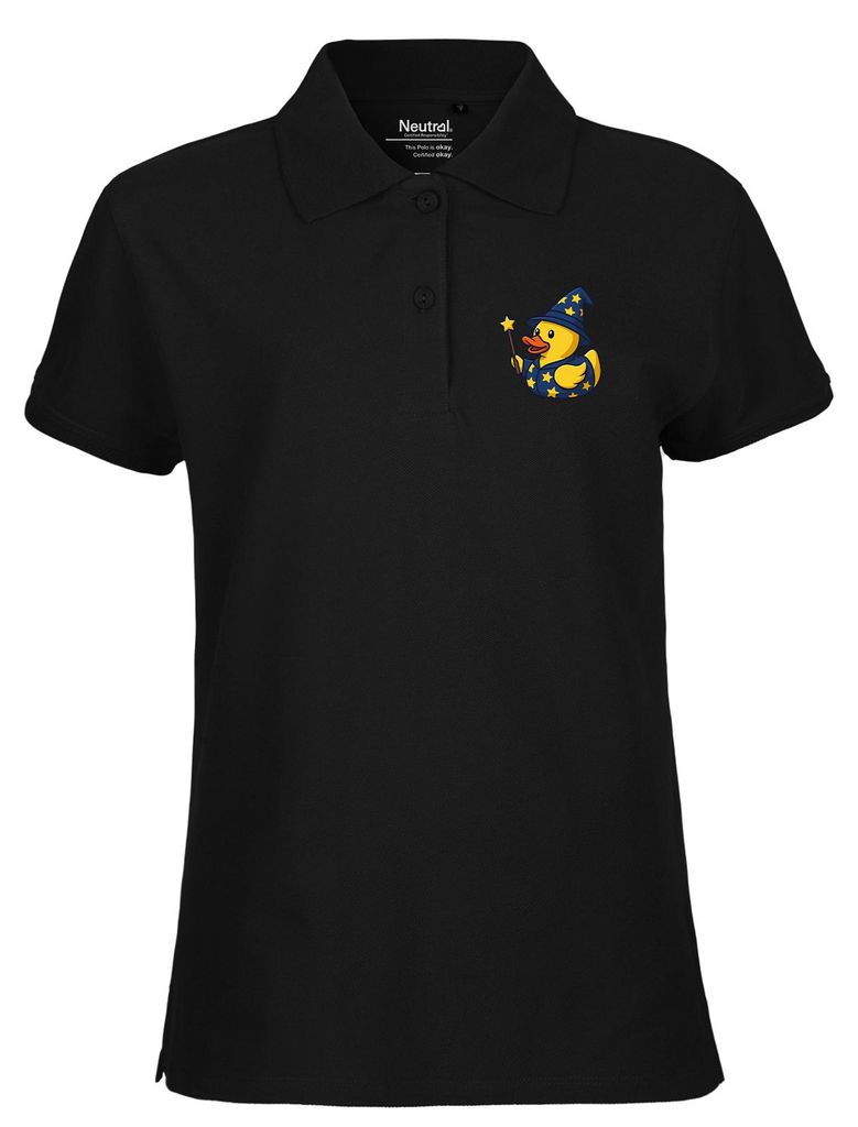 Huuraa Damen Polo Shirt Quietscheente Zauberer Gummiente Magier XXL Black Bio Baumwolle Fairtrade Poloshirt Geschenkidee