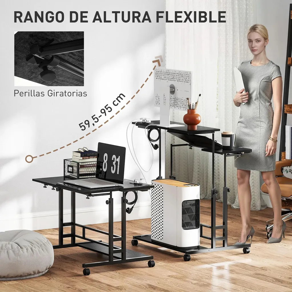 Table d'ordinateur mobile ajustable 80 cm avec plateau inclinable noir - 3
