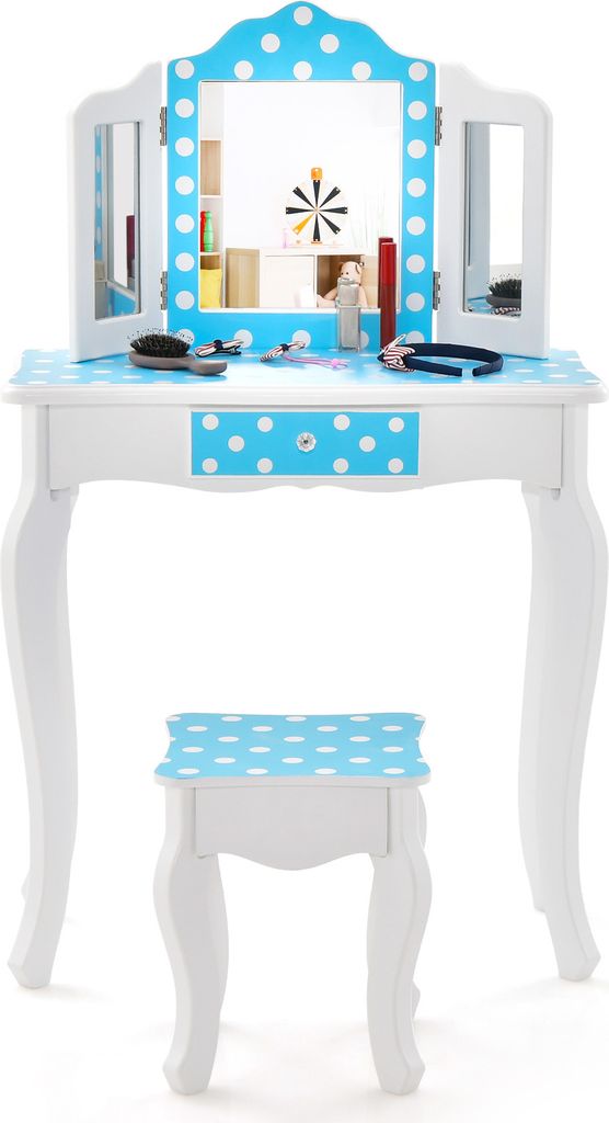 A white and blue polka dot children's vanity table and stool set against a white background.