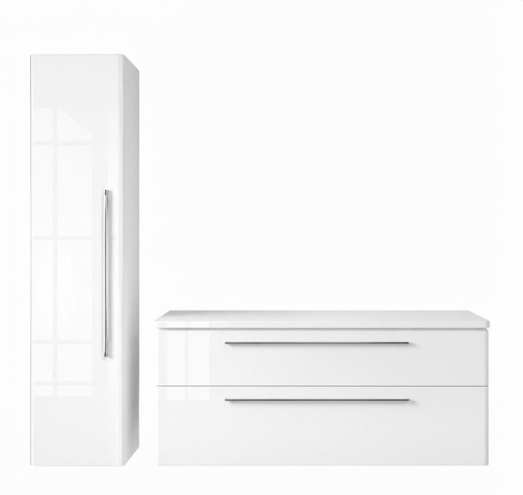 Badmöbel Set MOBI 120 cm - Weiß Hochglanz - Waschbeckenunterschränke | Hochschrank - Badezimmerschränk