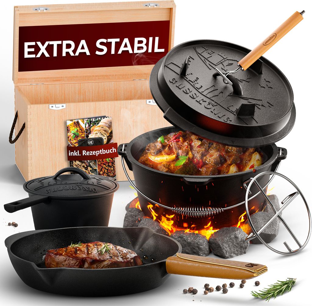 GUSSKÖNIG Dutch Oven Set 8-teilig - bereits eingebranntes Gusseisen Topf Set