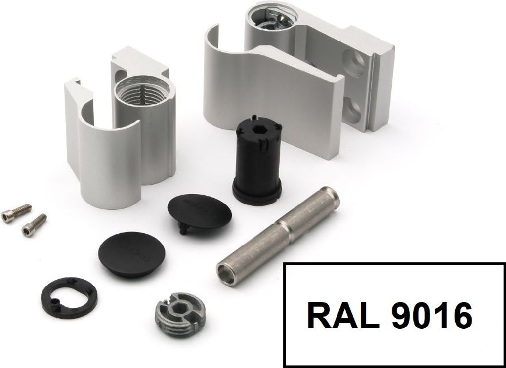 A collection of metal and plastic hardware components, likely for a door or window, laid out on a white background. A label with 'RAL 9016' is in the bottom right corner.