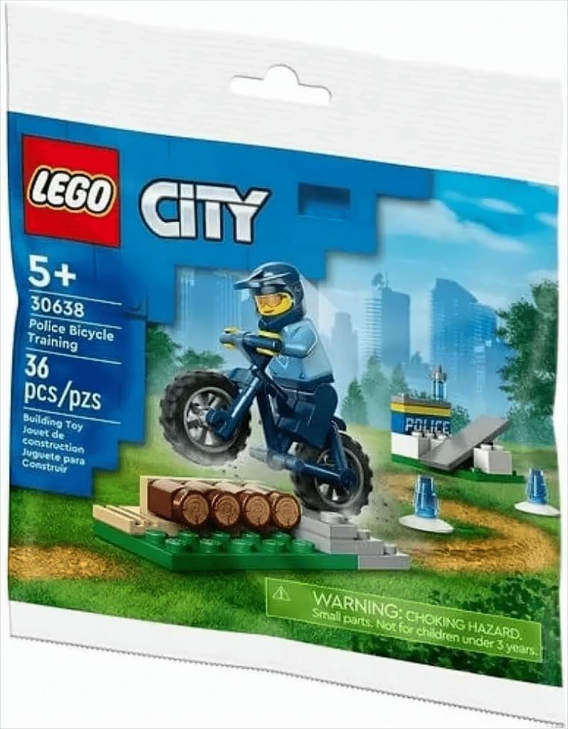 A polybag containing a LEGO City Police Bicycle Training set.