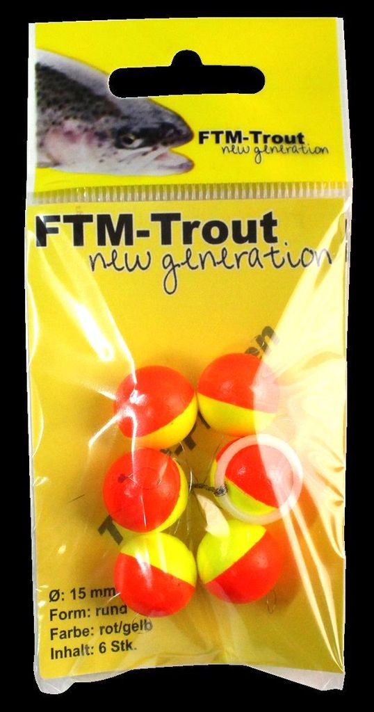 FTM Trout Piloten rund - 6 Pilotkugeln zum Forellenangeln, Farbe/Durchmesser/Inhalt:rot/gelb / 15mm / 6 Stück