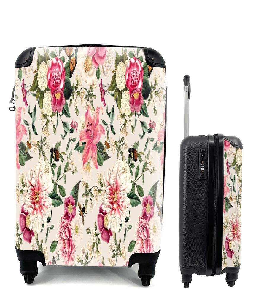 MuchoWow Koffer Handgepäck Trolley Rollkoffer Kleine Reisekoffer mit 4 Rollen - Blumen - Lilie - Rosa - Muster - Cabin Size < 55x40x23 cm & 55x4...