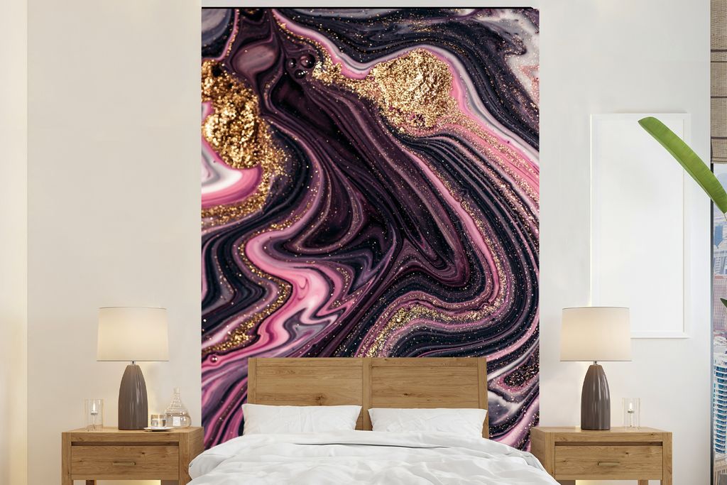 MuchoWow Fototapete für Wohnzimmer oder Schlafzimmer Wandtapete Vinyl Motivtapete Marmoroptik - Rosa - Lila - Gold - Luxus - Marmor - 145x220 cm...