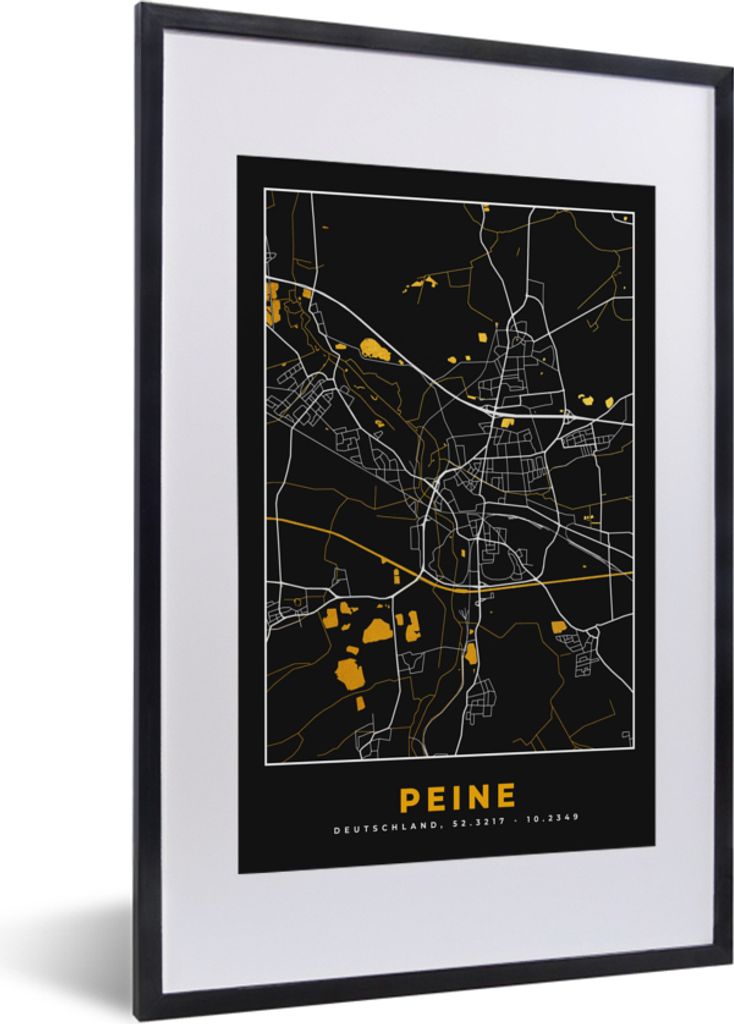 MuchoWow Gerahmtes Poster Peine - Stadtplan - Schwarz und Gold - Karte - Deutschland - Karte 40x60 cm - Poster mit Schwarzem Bilderrahmen Wandpos...