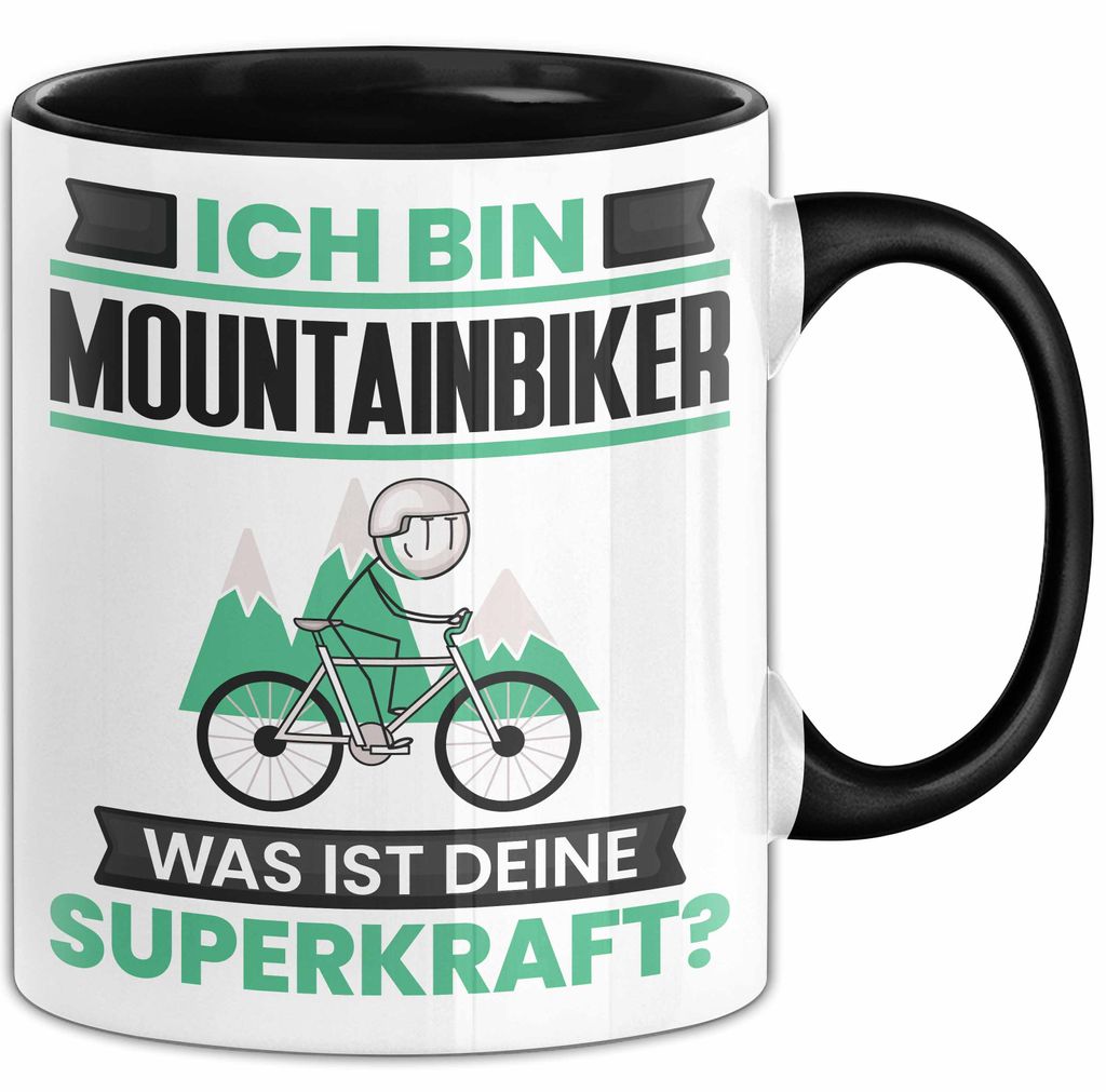 Mountainbiker Tasse Geschenk für Mountainbiker Geburtstag Lustiger Spruch Kaffee-Becher Was Ist Deine Superkraft (Schwarz)