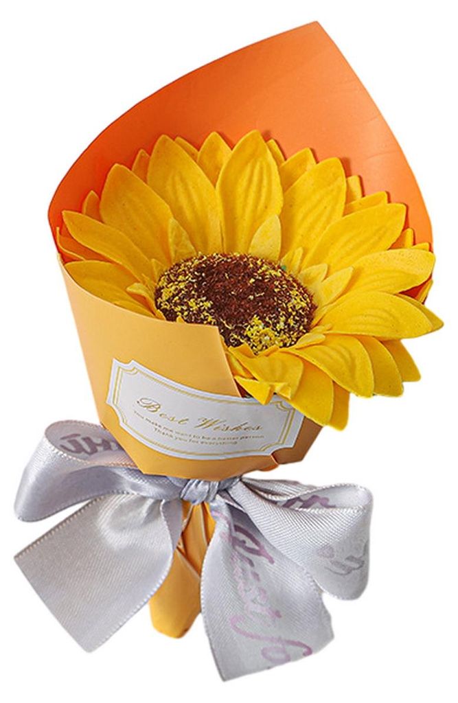 Seife mit künstlicher Blume, Rosen- und Sonnenblumenform, handgefertigt, mit natürlichen Inhaltsstoffen und ätherischen Ölen, hautpflegend.