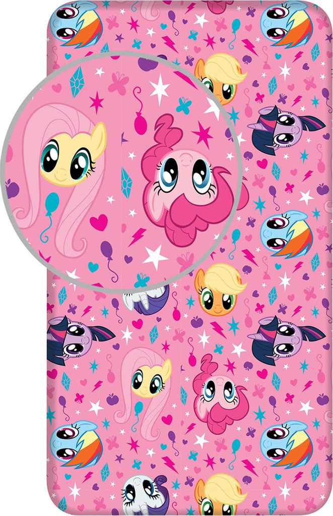 My Little Pony Spannbetttuch, Bettlaken pink mit Fluttershy Rainbow Dash Applejack Rarity 90x200+25 cm, 100 % Baumwolle