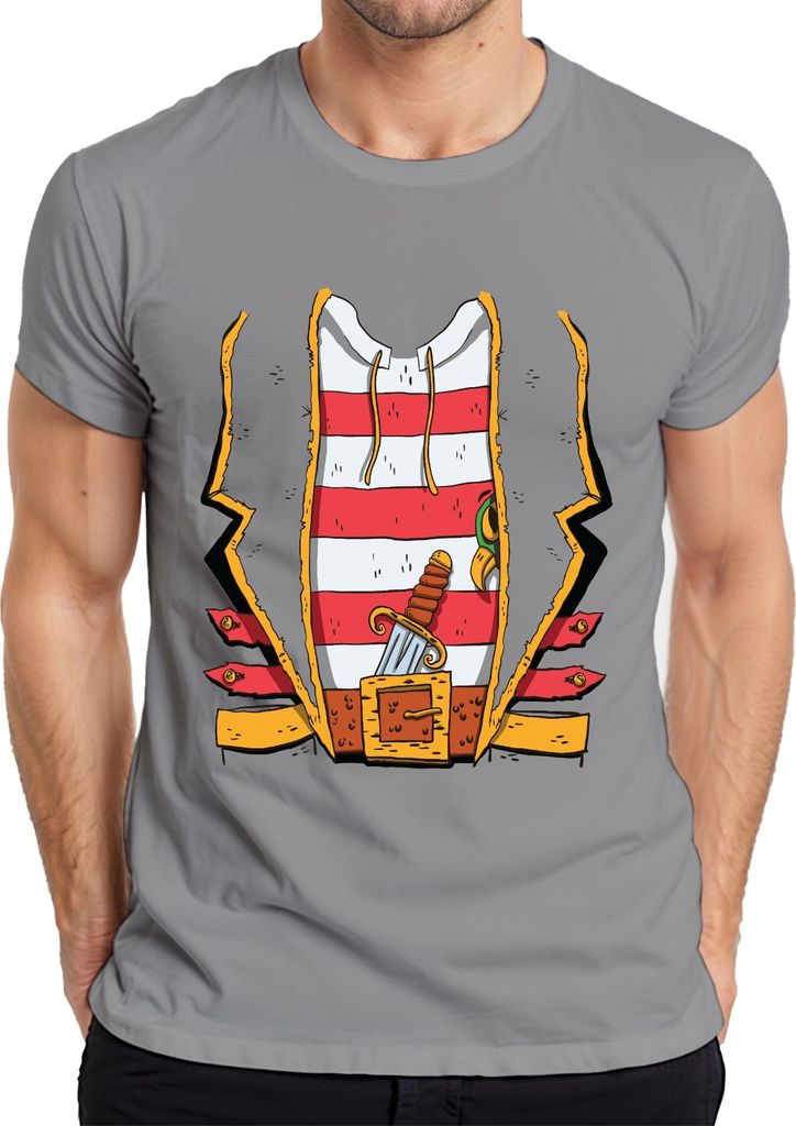 Seeräuber Pirat Dolch Gürtel gestreift Weste Karneval Vintage Herren T-Shirt, Grau, XL