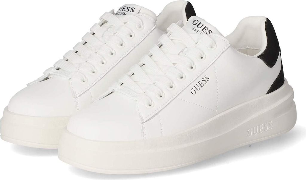 A pair of white Guess sneakers with black accents.