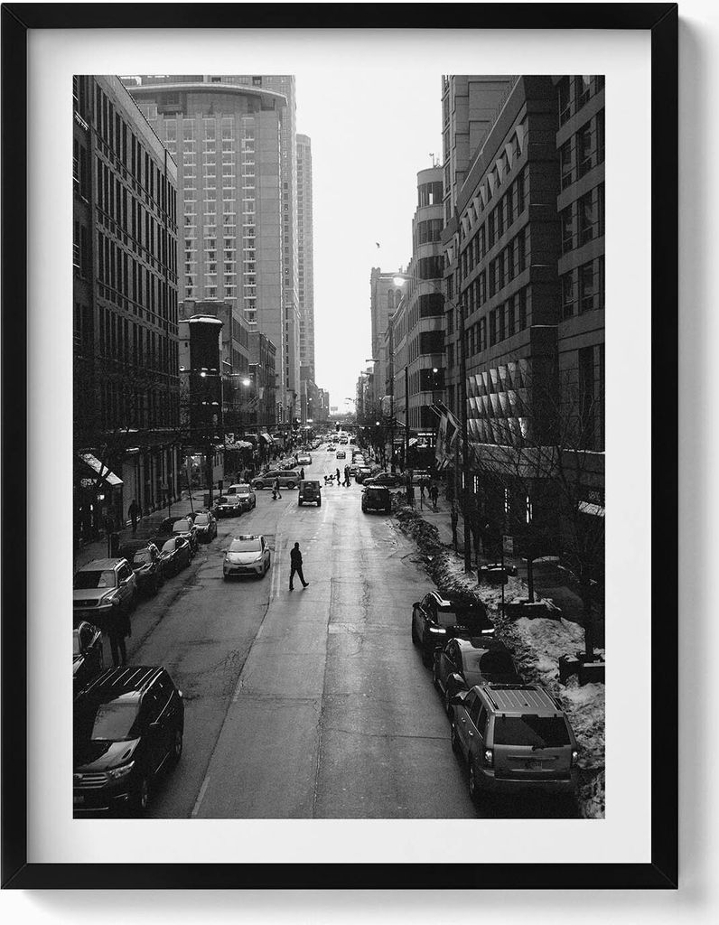 Schwarze und weiße Straßen von Chicago– Wandbild mit Rahmen – Gerahmtes Bild – Wanddekoration – 60x80 cm – Schwarz Rahmen