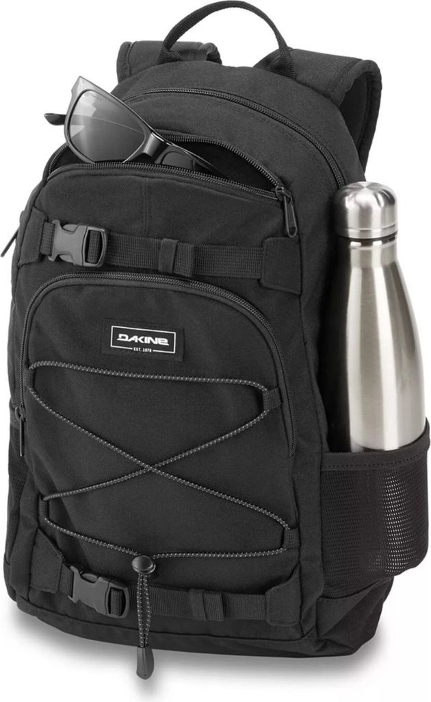 A black backpack with a water bottle and sunglasses attached.