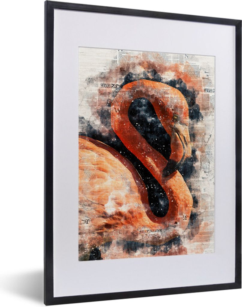 MuchoWow MuchoWow Gerahmtes Poster Flamingo - Sterne - Zeitung 30x40 cm - Poster mit zchwarzem Bilderrahmen - Wandposter Schlafzimmer
