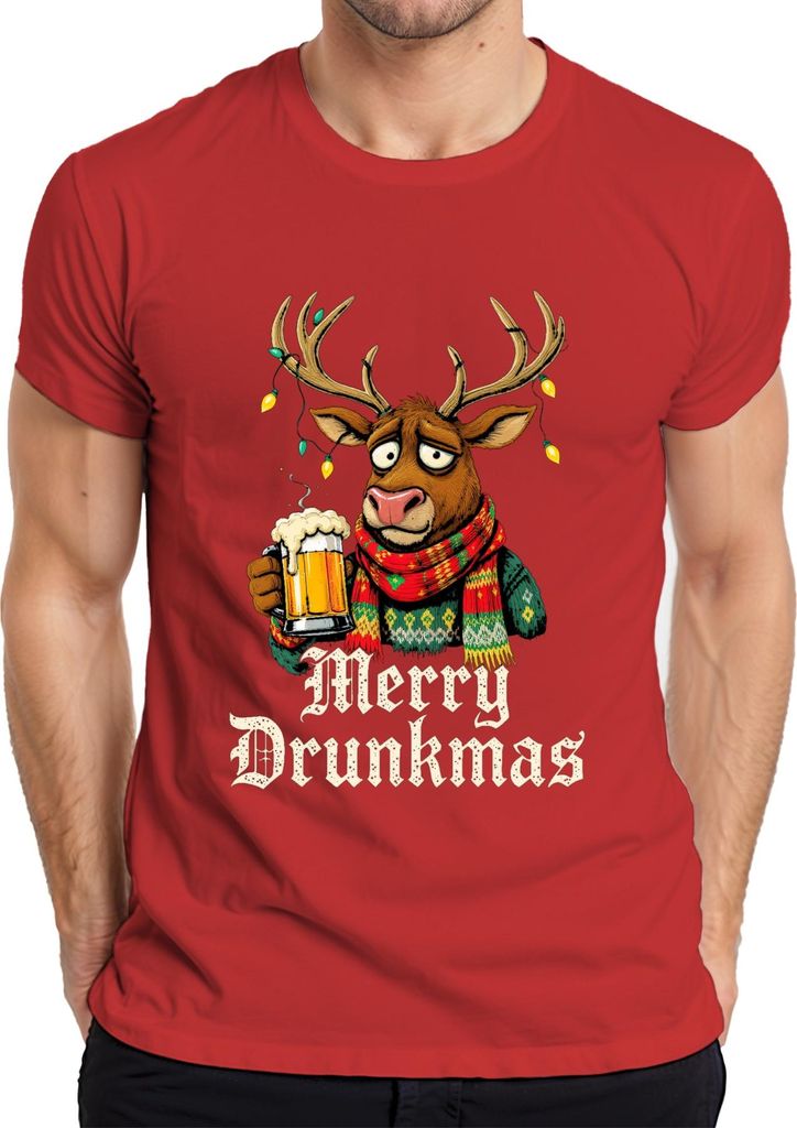 Merry Drunkmas Rentier Bier Weihnachten Lustig Geschenk Ugly Herren T-Shirt, Rot, L