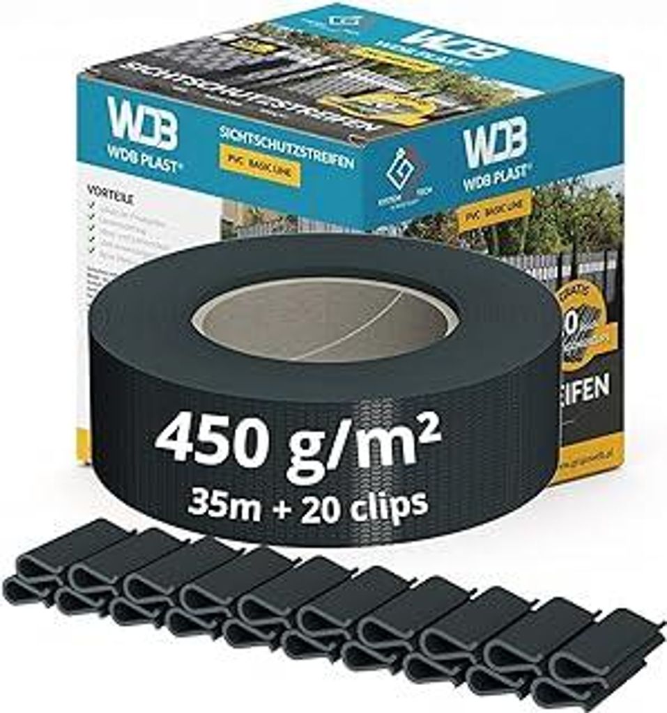 WDB - Sichtschutzstreifen für Doppelstabmatten Sichtschutz Zaun - 4,75 cm x 35 m + 20 Stück Befestigungsclips - PVC Windschutz Basic Line - Anthr...